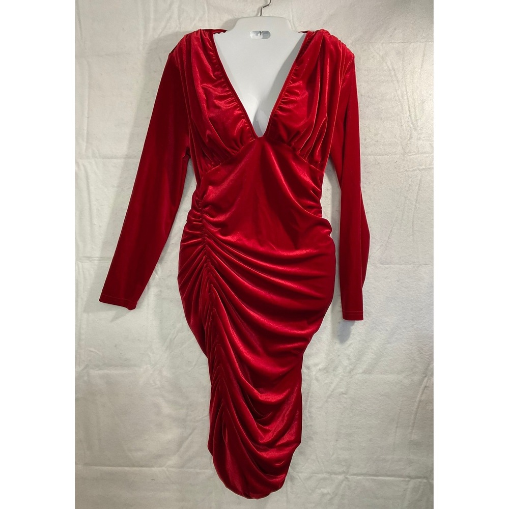Shein Curve Midi Dress Womens 0XL Red Velvet Ruched V-Neck Bodycon Holiday Party